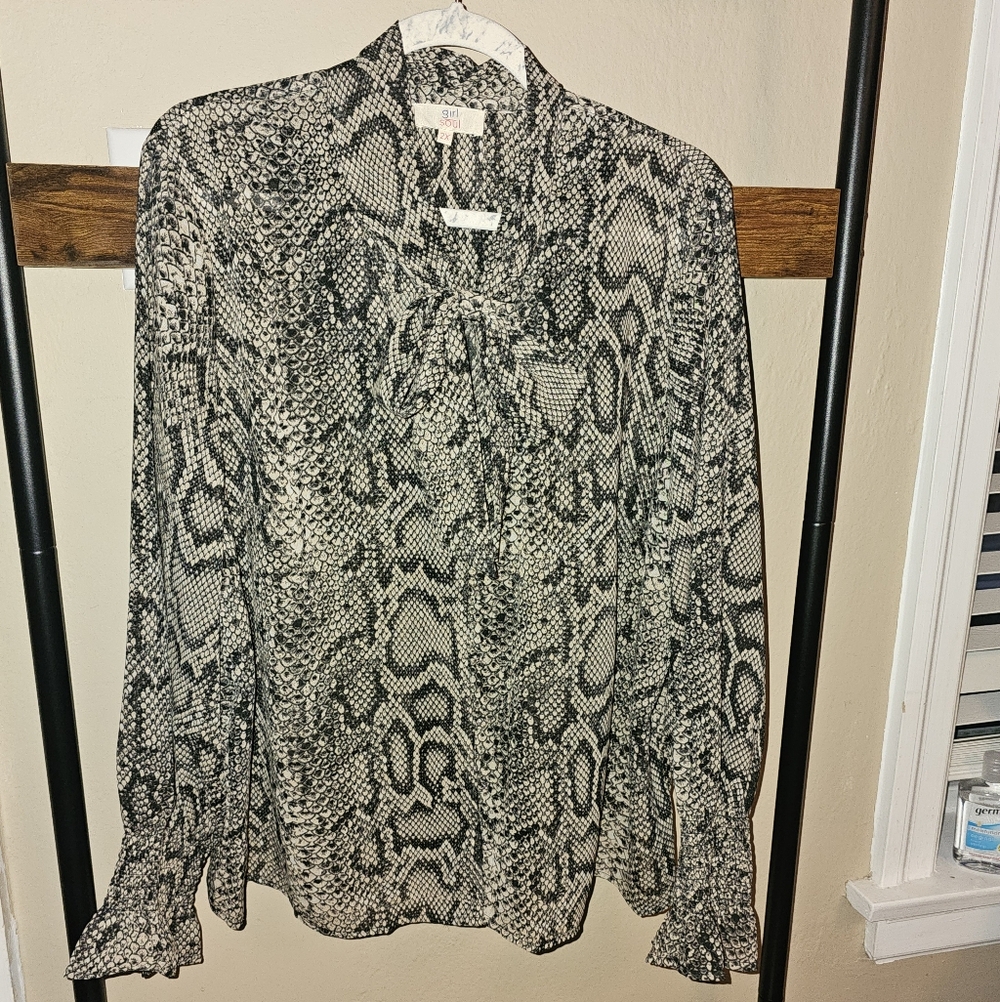 Snake-Print Tie-Neck Blouse in Black & White